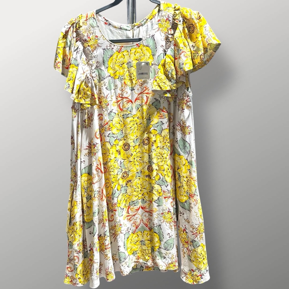 Free People Yellow Floral Mini Dress Babydoll Ruffles NWT M